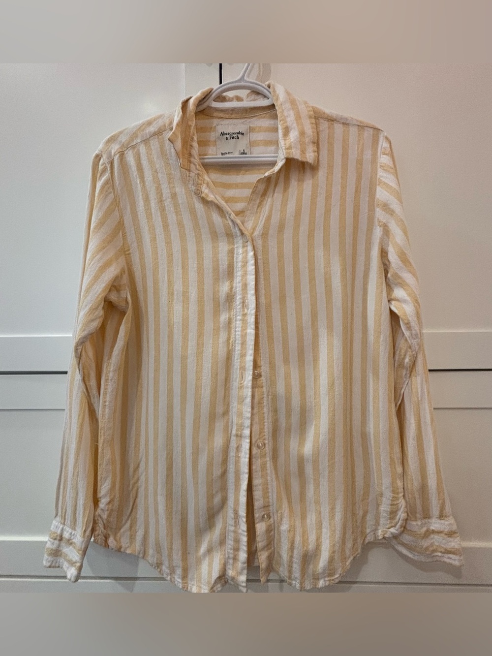 Abercrombie & Fitch Cream and Beige / butter yellow linen Striped Button-Up